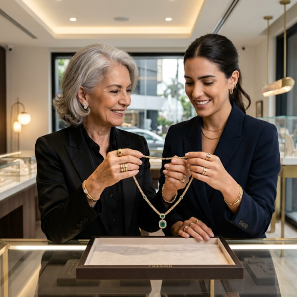 mujeres con collar de oro y esmeralda