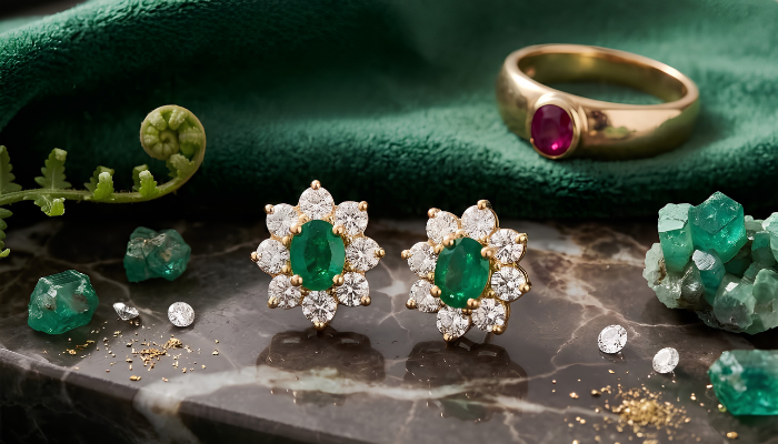 Aretes de oro 18k, diseño roseta con esmeraldinas